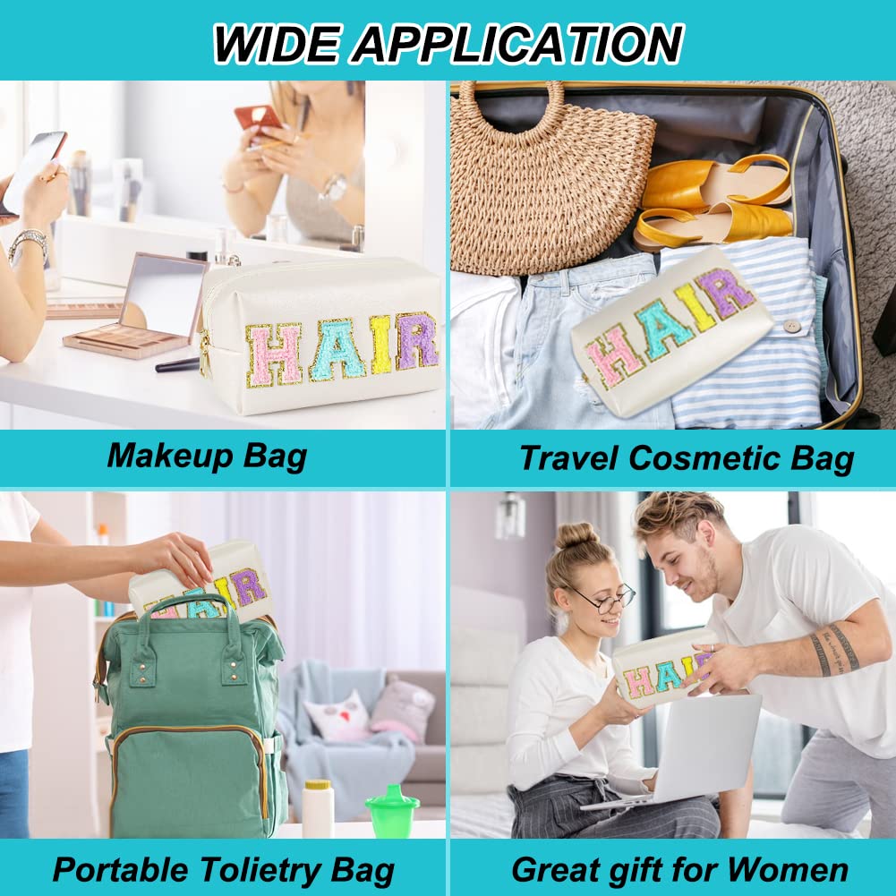 JOINDO Preppy Patch Makeup Bag, Chenille HAIR Letter Cosmetic Bag,PU Leather Skincare Toiletry Bag, Portable Makeup Bag with Var
