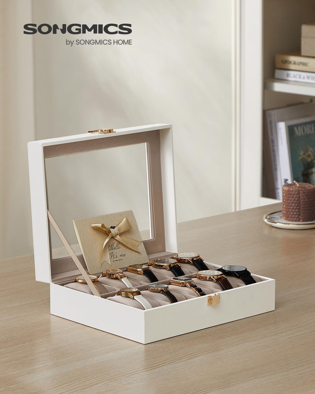SONGMICS Watch Box, 10-Slot Watch Case with Large Glass Lid, Removable Watch Pillows, Watch Box Organizer, Gift for Loved Ones,