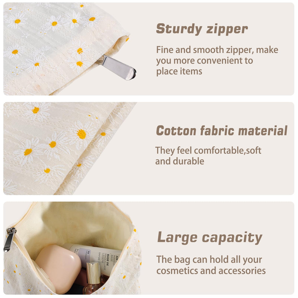 ZLFSRQ Daisy Flower Makeup Bag Travel Cute Floral Cosmetic Bags for Women Large White Makeup Pouch Zipper Cosmetic Pouch for Pur