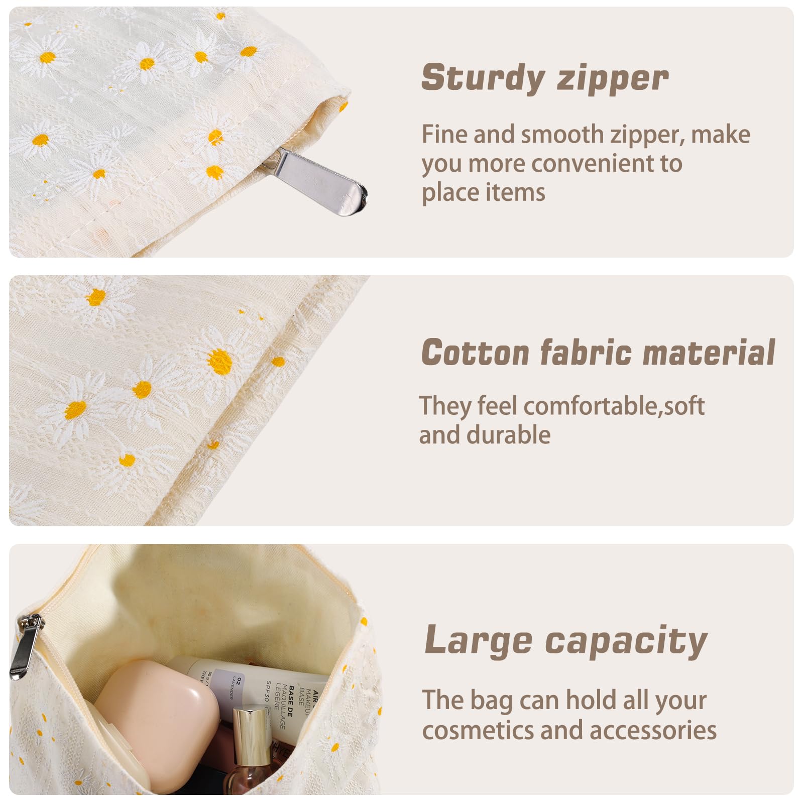 ZLFSRQ Daisy Flower Makeup Bag Travel Cute Floral Cosmetic Bags for Women Large White Makeup Pouch Zipper Cosmetic Pouch for Pur