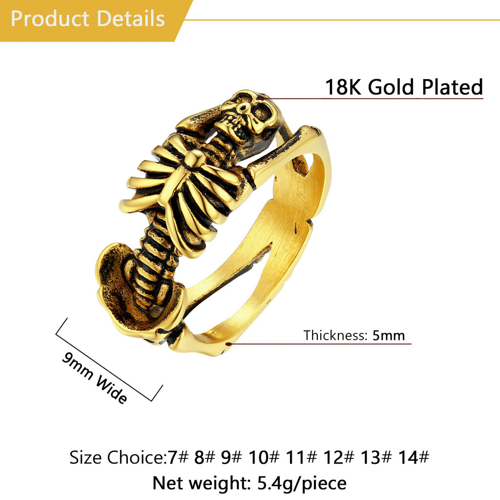 U7 Skeleton Rings 18k Gold Plated Halloween Costume Jewelry Gothic Punk Skull Ring Biker Size 8