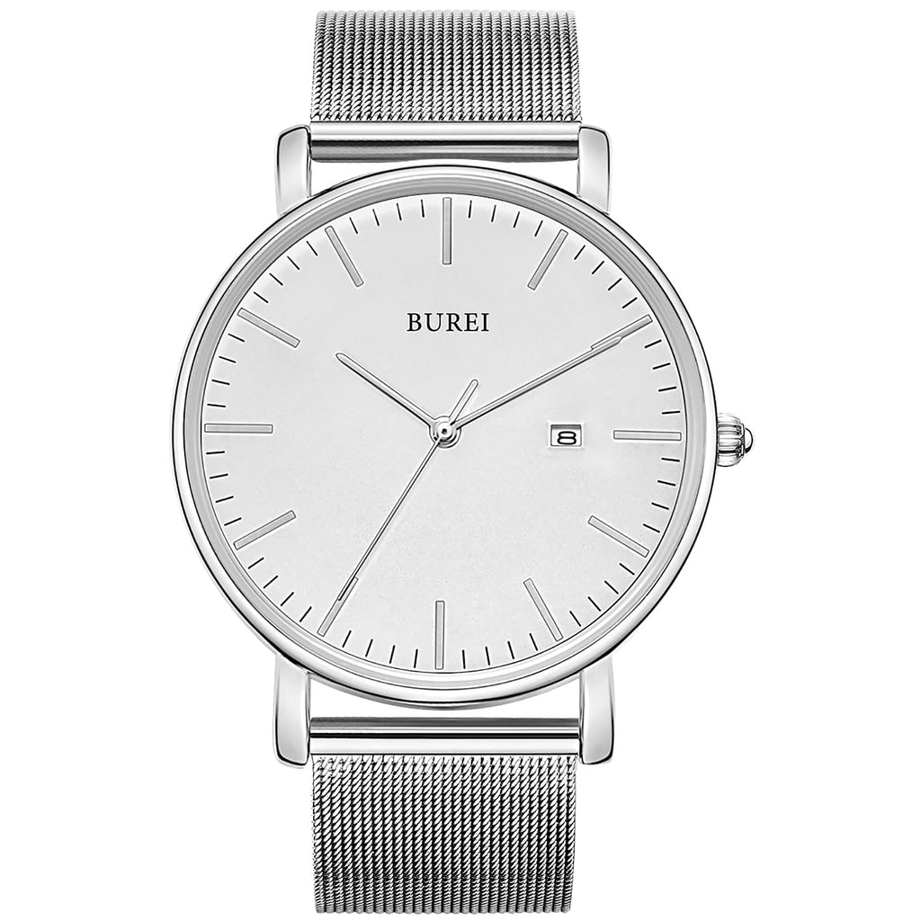 BUREI Men Watches Fashion Minimalist Waterproof Watches for Men Women Student,Silver.