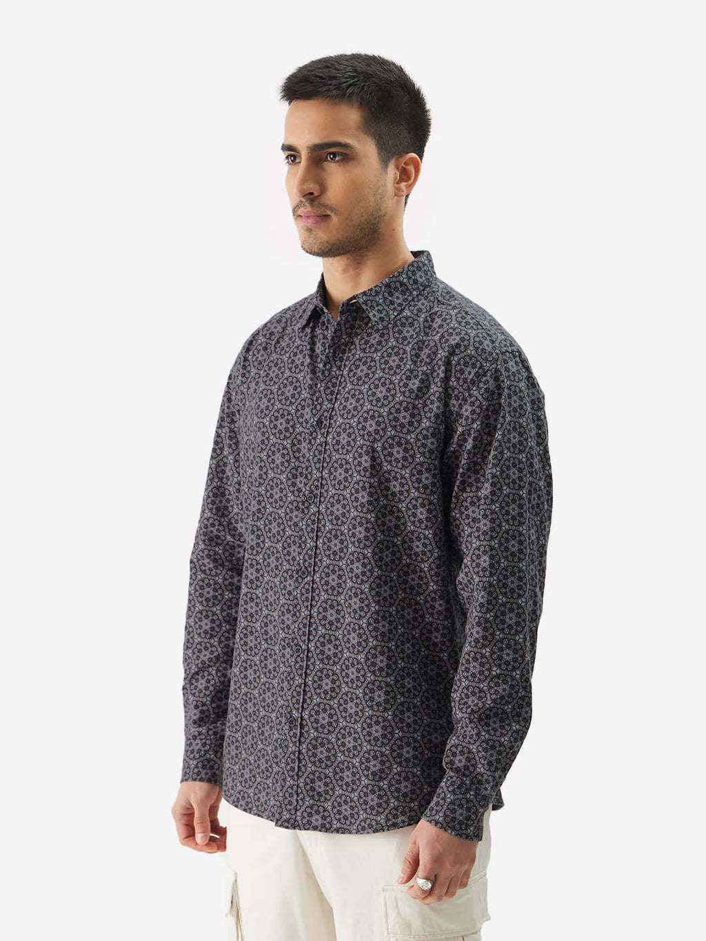 The Souled Store Hortensia Men and Boys Long Sleeve Collared Neck Button Front Grey All Over Print Cotton Relaxed Fit Shirts Shi