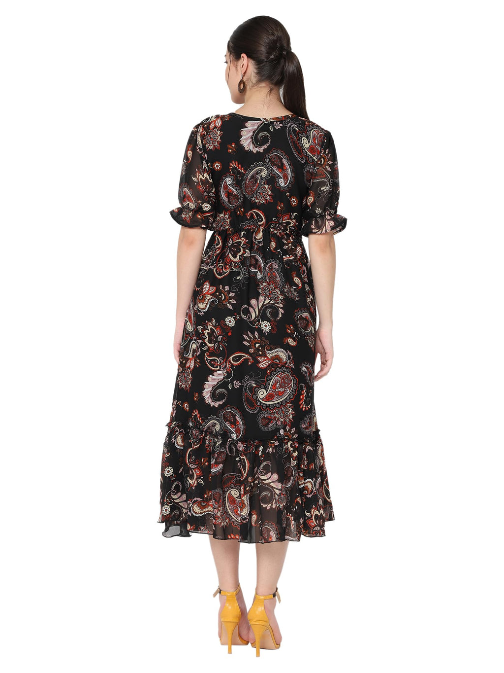 Avanova Georgette Black Round Neck Maxi Western Dresses For Women (Dress 81 Black S)