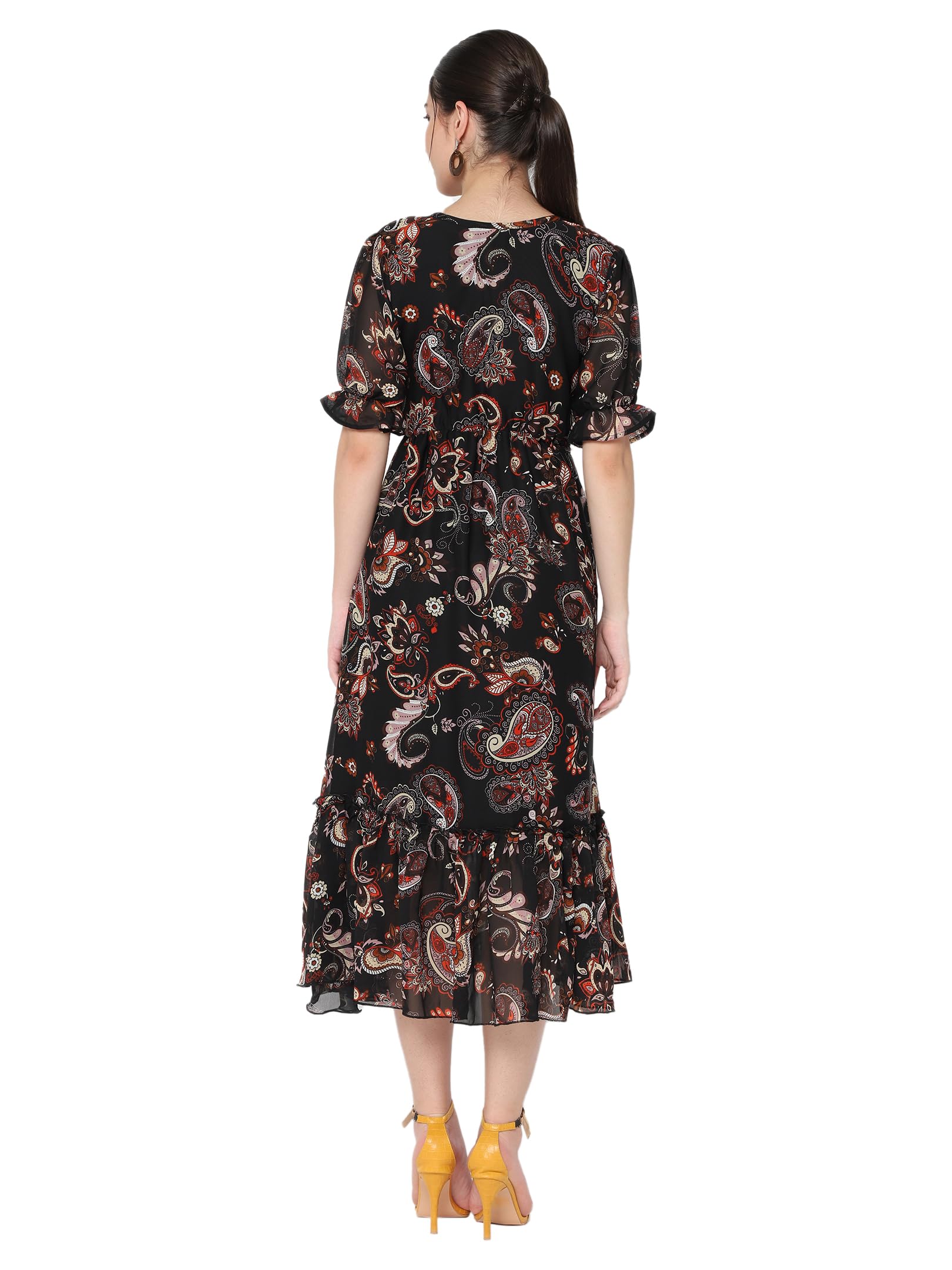 Avanova Georgette Black Round Neck Maxi Western Dresses For Women (Dress 81 Black S)