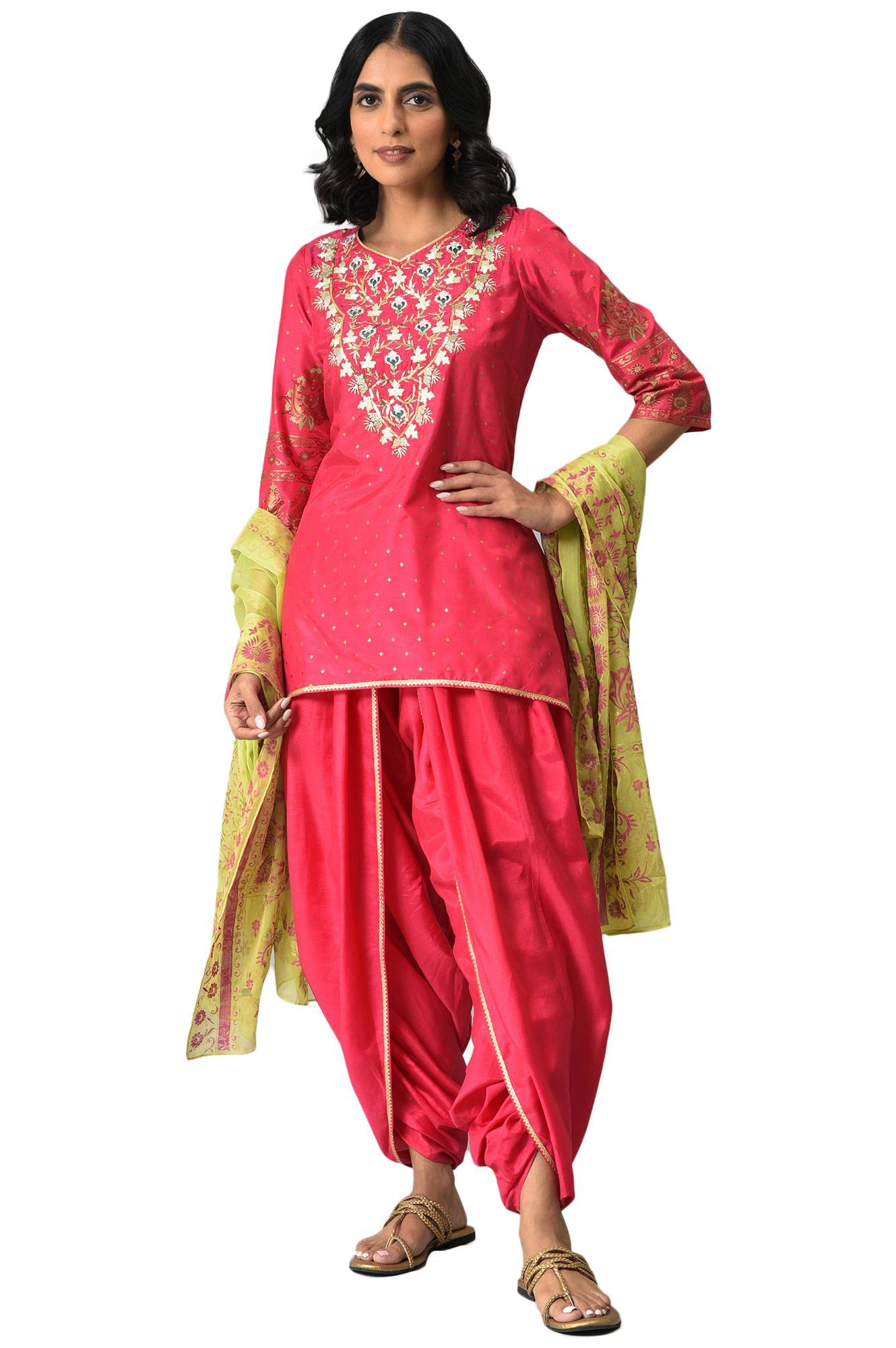 Aurelia Women Polyester Pink Embroidered Short Kurta Set With Dhoti Pants And Green Dupatta_22Aud10498-504403_Xl