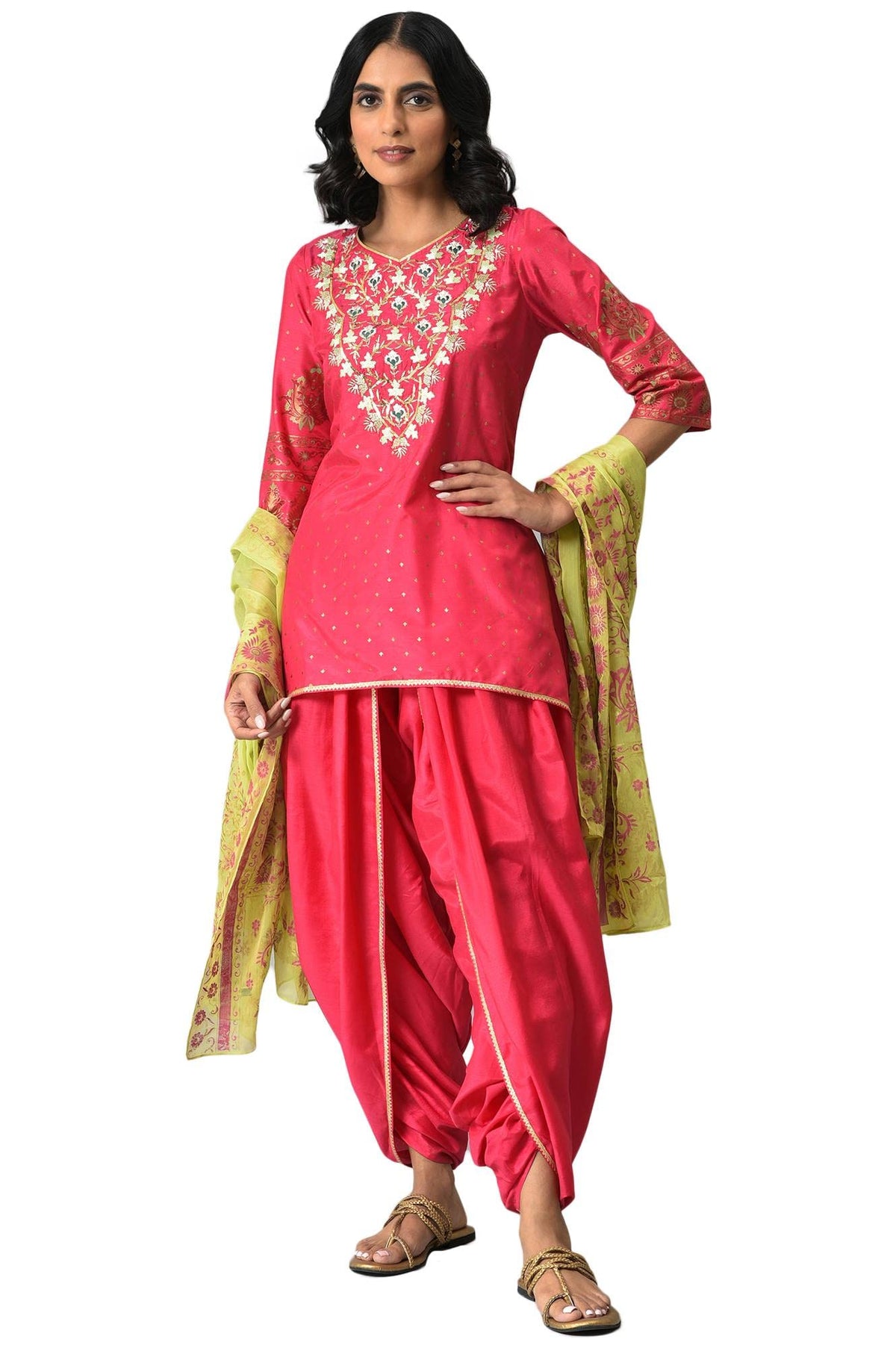 Aurelia Women Pink Embroidered Short Kurta With Dhoti Pants And Green Dupatta_22Aud10498-504403_S