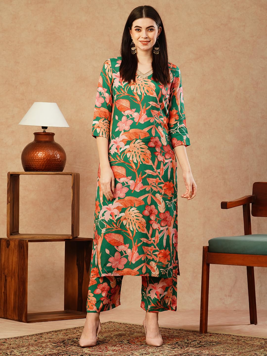 ANNI DESIGNER Womens Cotton Blend Straight Printed Kurta with Palazzo (Chinki Green-NW_XL_Green_X-Large)