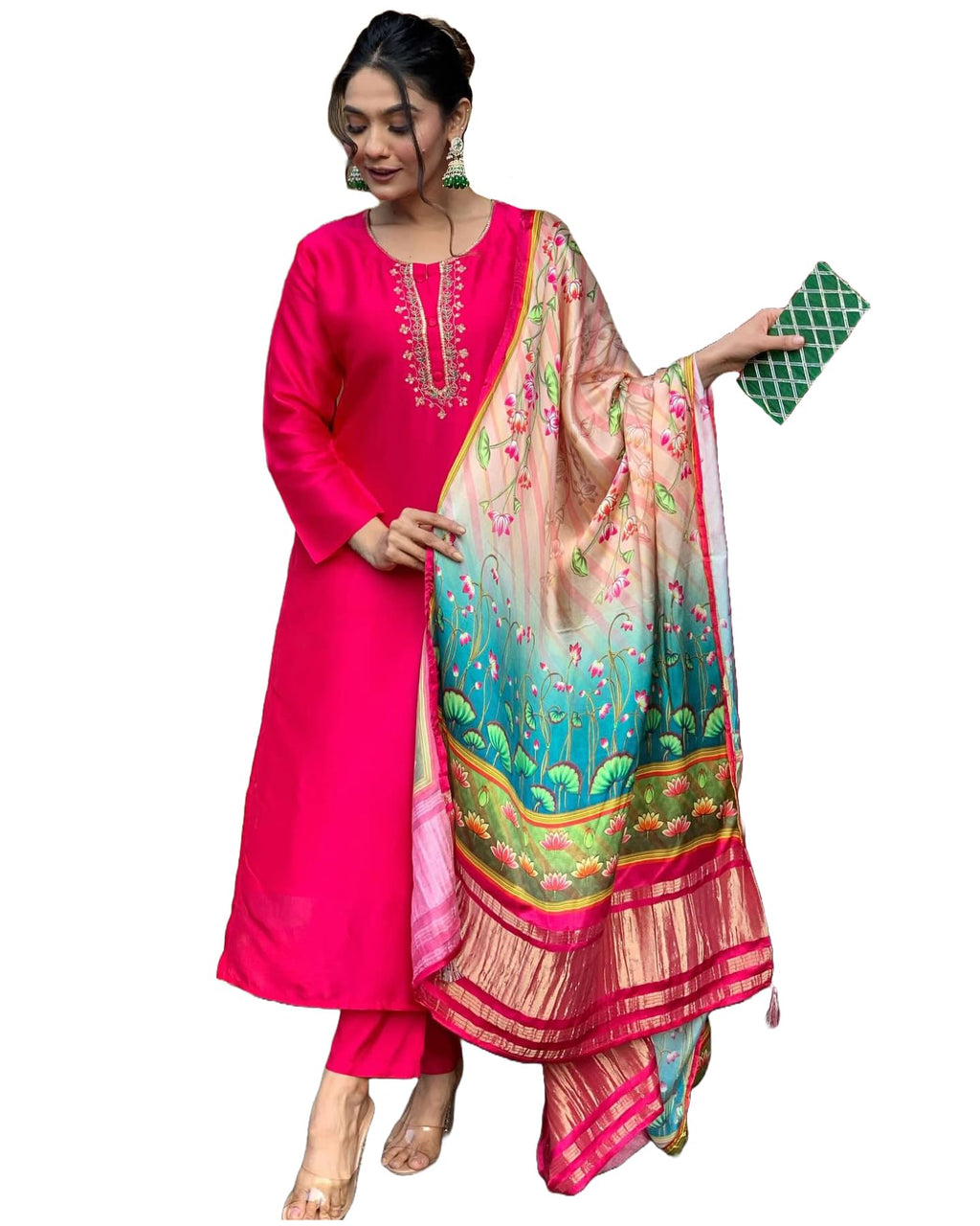 ANNI DESIGNER Womens Rayon Blend Embroidered Straight Kurta with Pant & Dupatta (OCB Pink_VKS-01_S_Pink_Small)