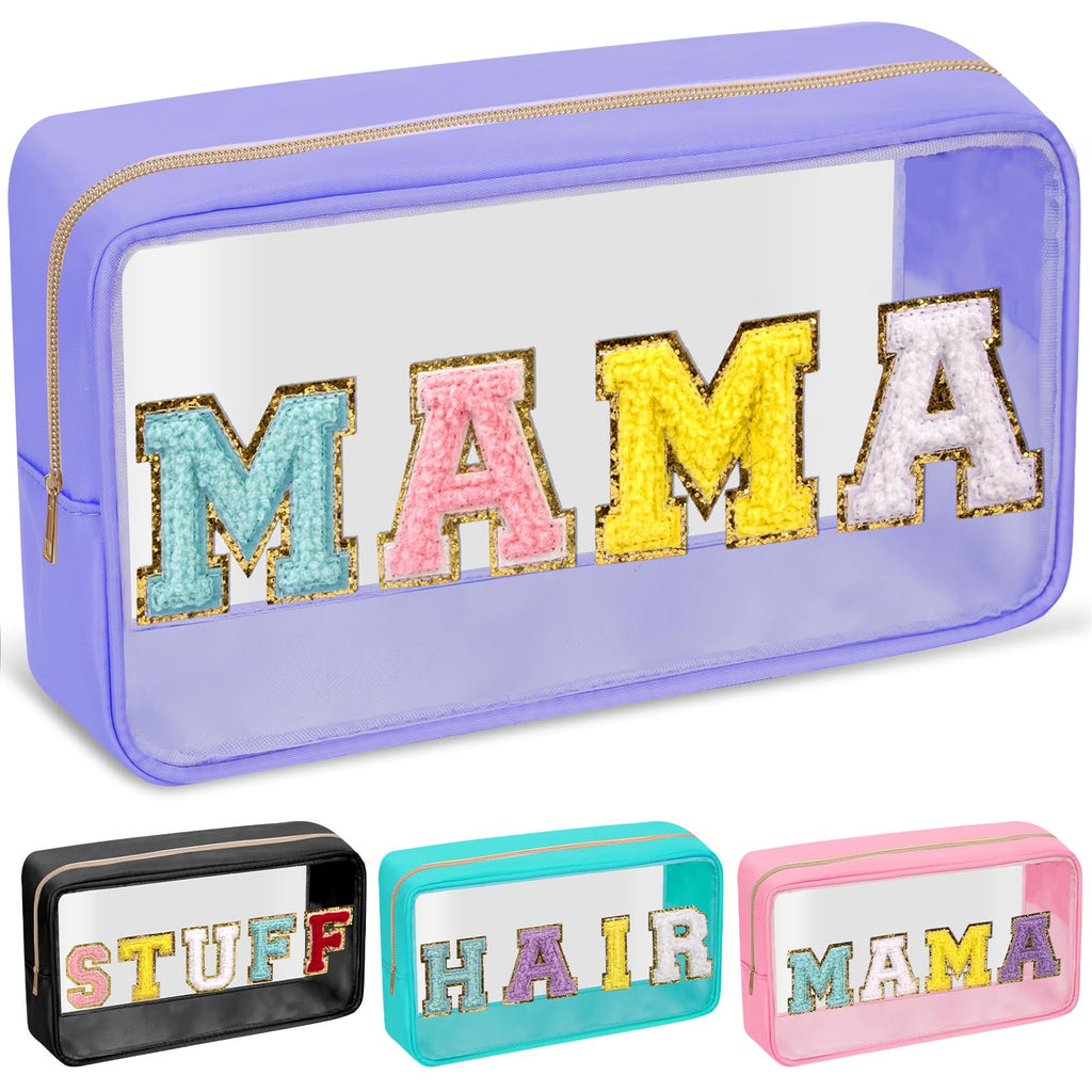 Chenille Letter Clear Makeup Bag with Zipper and Waterproof Nylon Material