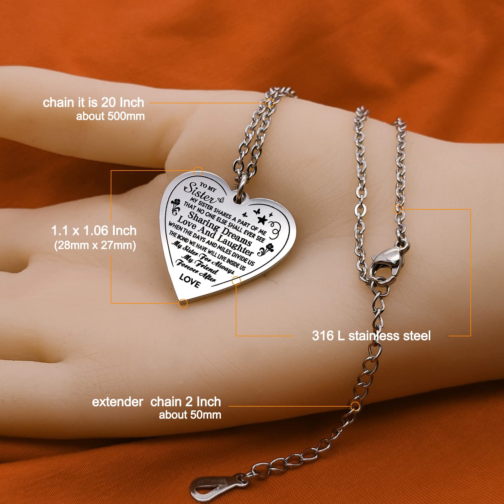 Haoflower Necklace To My Sister Necklace Heart Pendant Necklace for Teen Girls Woment Christmas Gift Jewelry Birthday GIfts