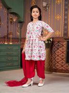 Aarika Girls Ethnic Wear Rani-White Colour Floral Print Beads Work Polycrepe Kurti Patiala Set With Dupatta-3-13 Years (Pt-Shm-5