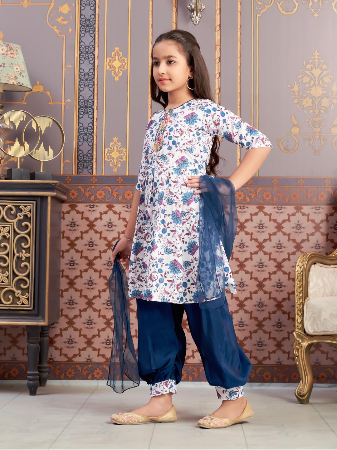 Aarika Girls Ethnic Wear Teal-Blue-White Colour Floral Print Beads Work Polycrepe Kurti Patiala Set With Dupatta-3-13 Years (Pt-