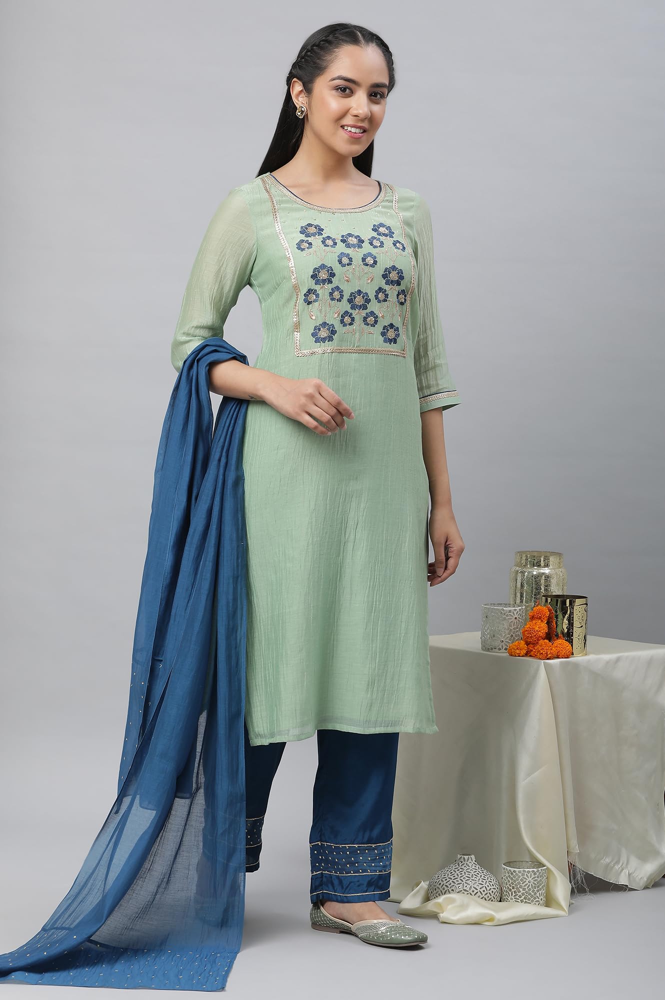 Aurelia Green Embroidered Blend Kurta Dupatta Bottomwear Set