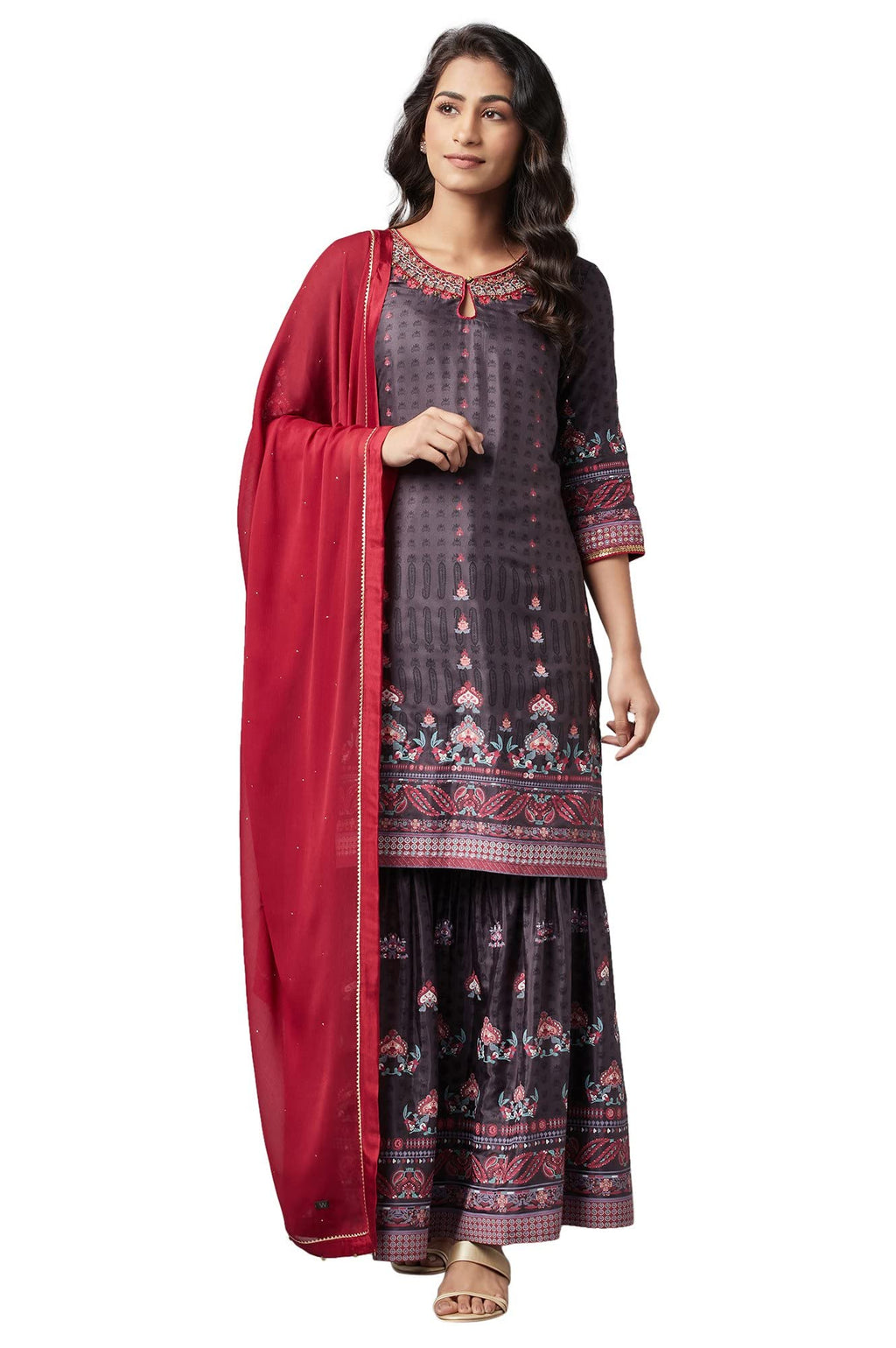 W For Woman Women'S Viscose Kurta, Sharara & Dupatta (22Fesp10742-117823_Dark Grey_S)
