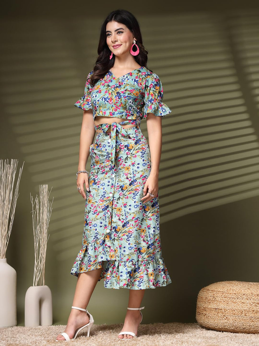 Oomph! Crepe Crop Top And Skirt Set For Women, Blue - Coord_Mt893Msk201