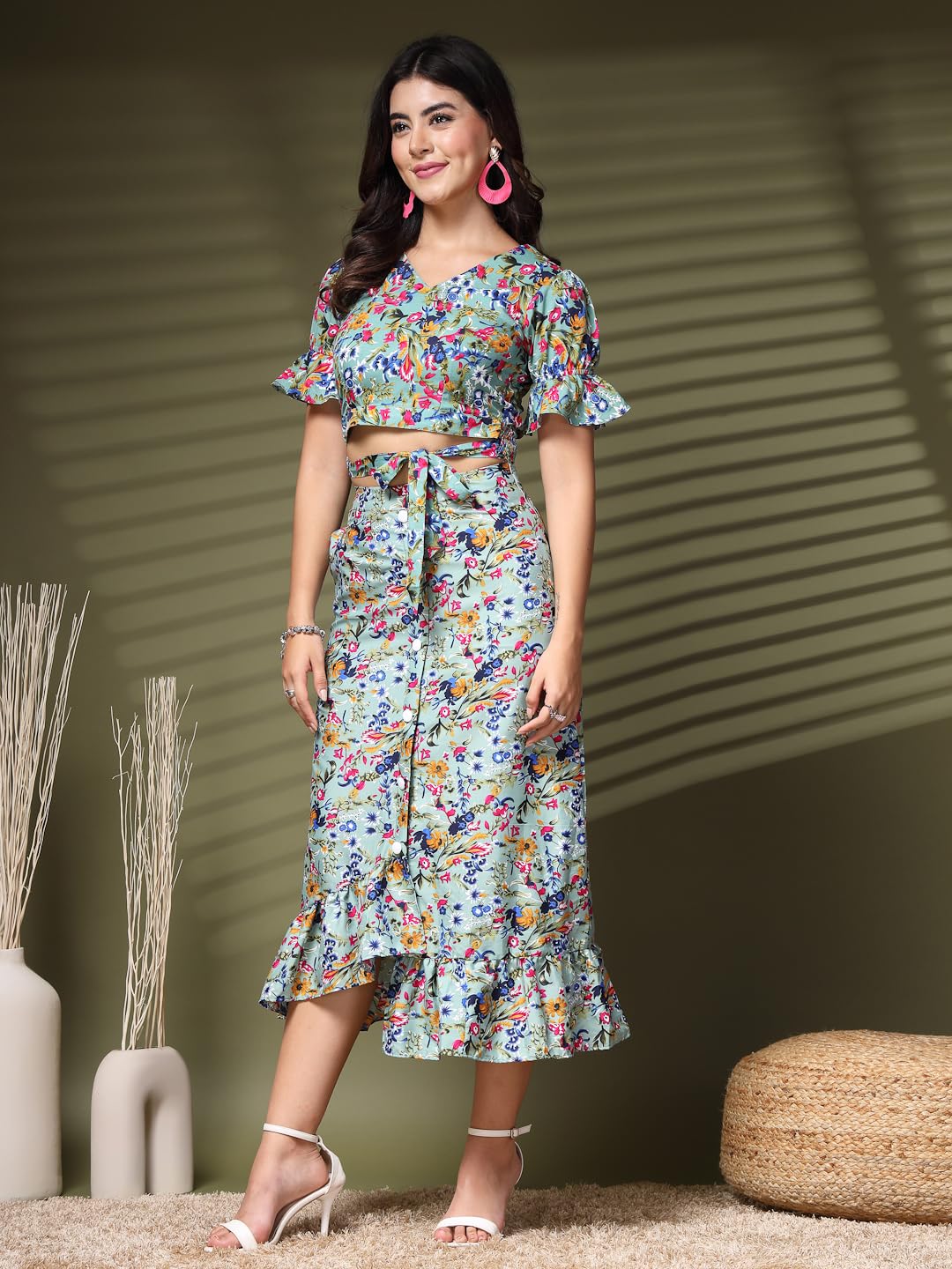 Oomph! Crepe Crop Top And Skirt Set For Women, Blue - Coord_Mt893Msk201