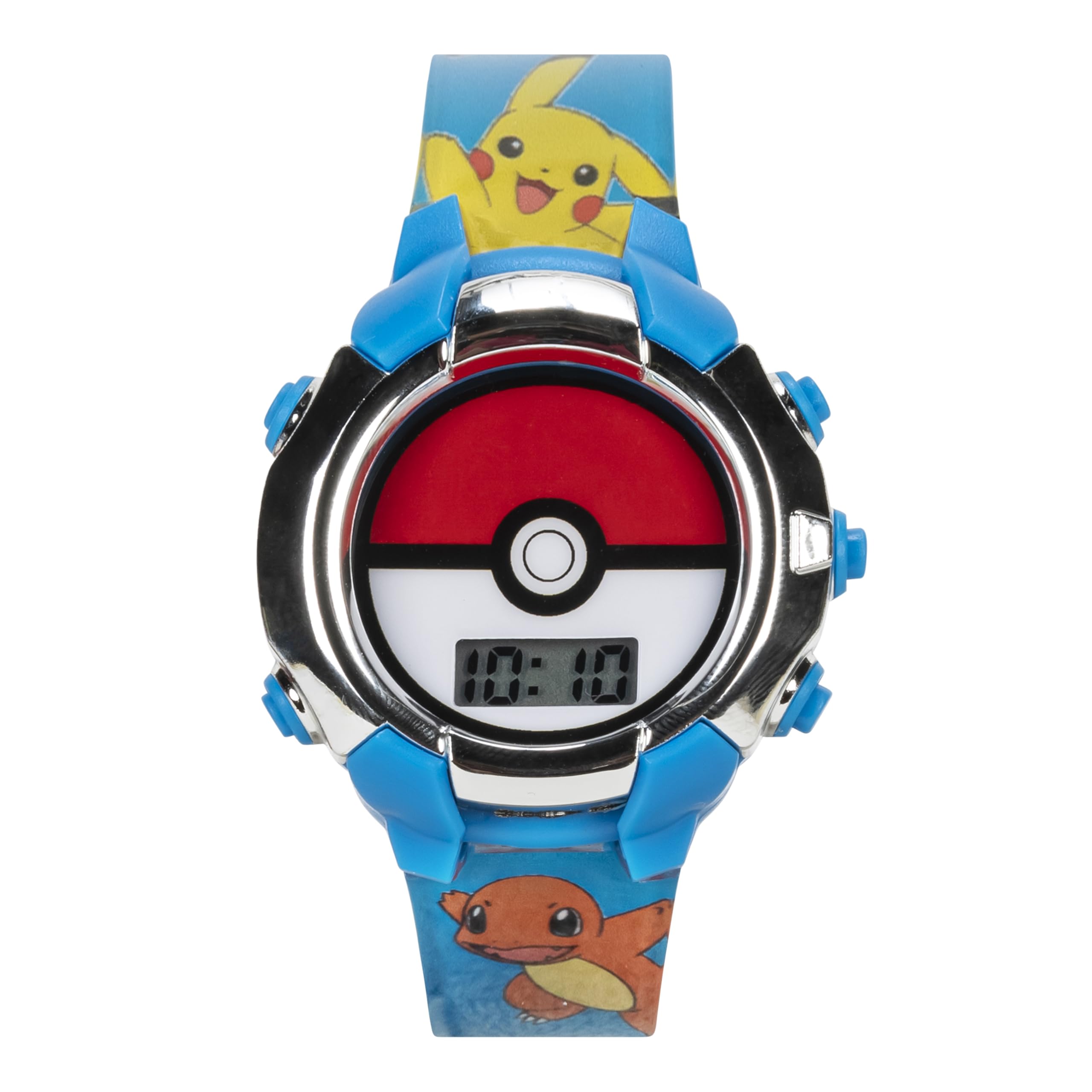 Accutime Kids Pokemon Pokeball Digital LCD Quartz Blue Wrist Watch with Blue Strap, Cool Inexpensive Gift & Party Favor for Boys