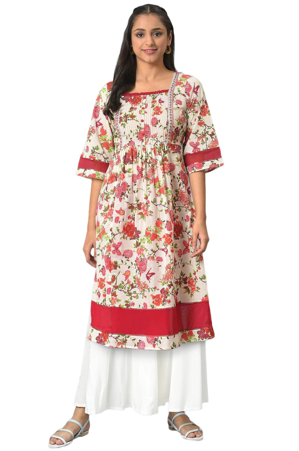 Aurelia Womens Natural Floral Printed Rayon A-Line Kurta and Palazzo Set (ONVAS13871-506463-S)