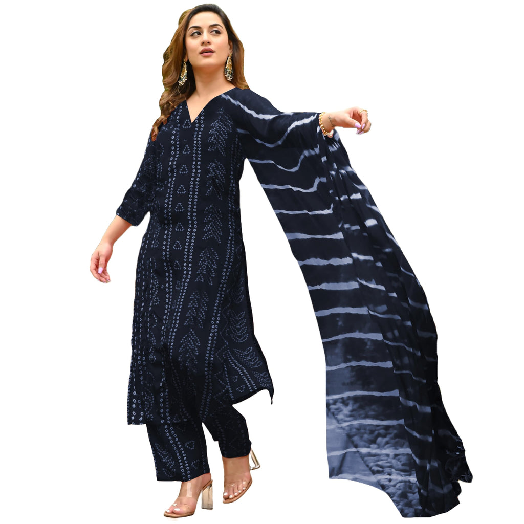 ANNI DESIGNER Womens Rayon Blend Straight Bandhej Printed Kurta with Pant & Dupatta (Baghira Grey-VKS01_XXL_Grey_XX-Large)