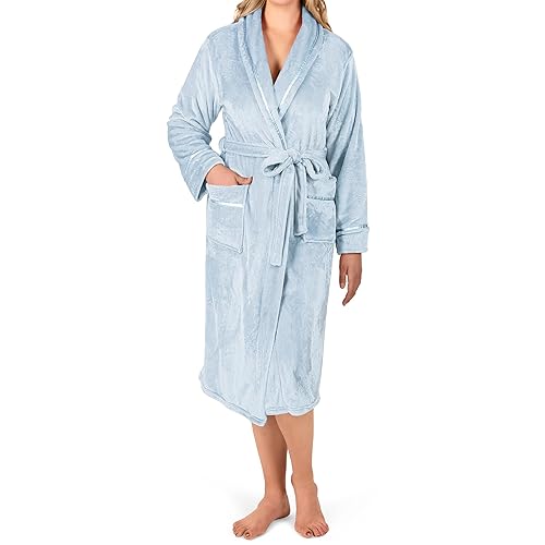 PAVILIA Plush Robe For Women | Light Blue, Fluffy Soft Bathrobe | Luxurious Fuzzy Warm Spa Robe, Cozy Fleece Long Robe | Satin T