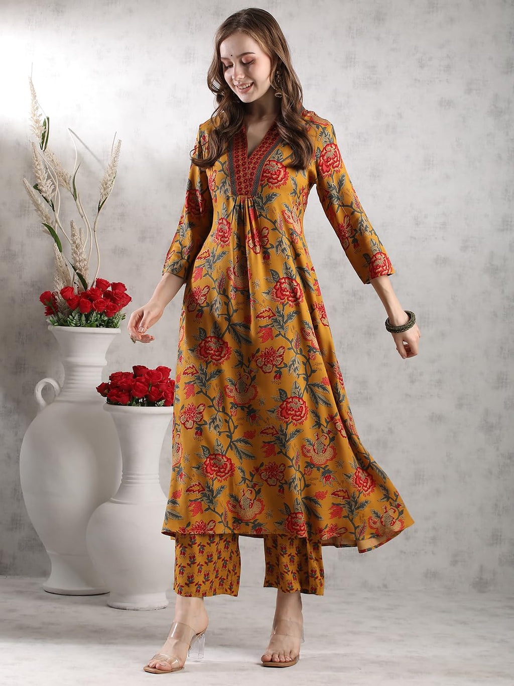 ANNI DESIGNER Women s Palazzo and Dupatta Rayon Blend Kurta, Yellow, 3XL