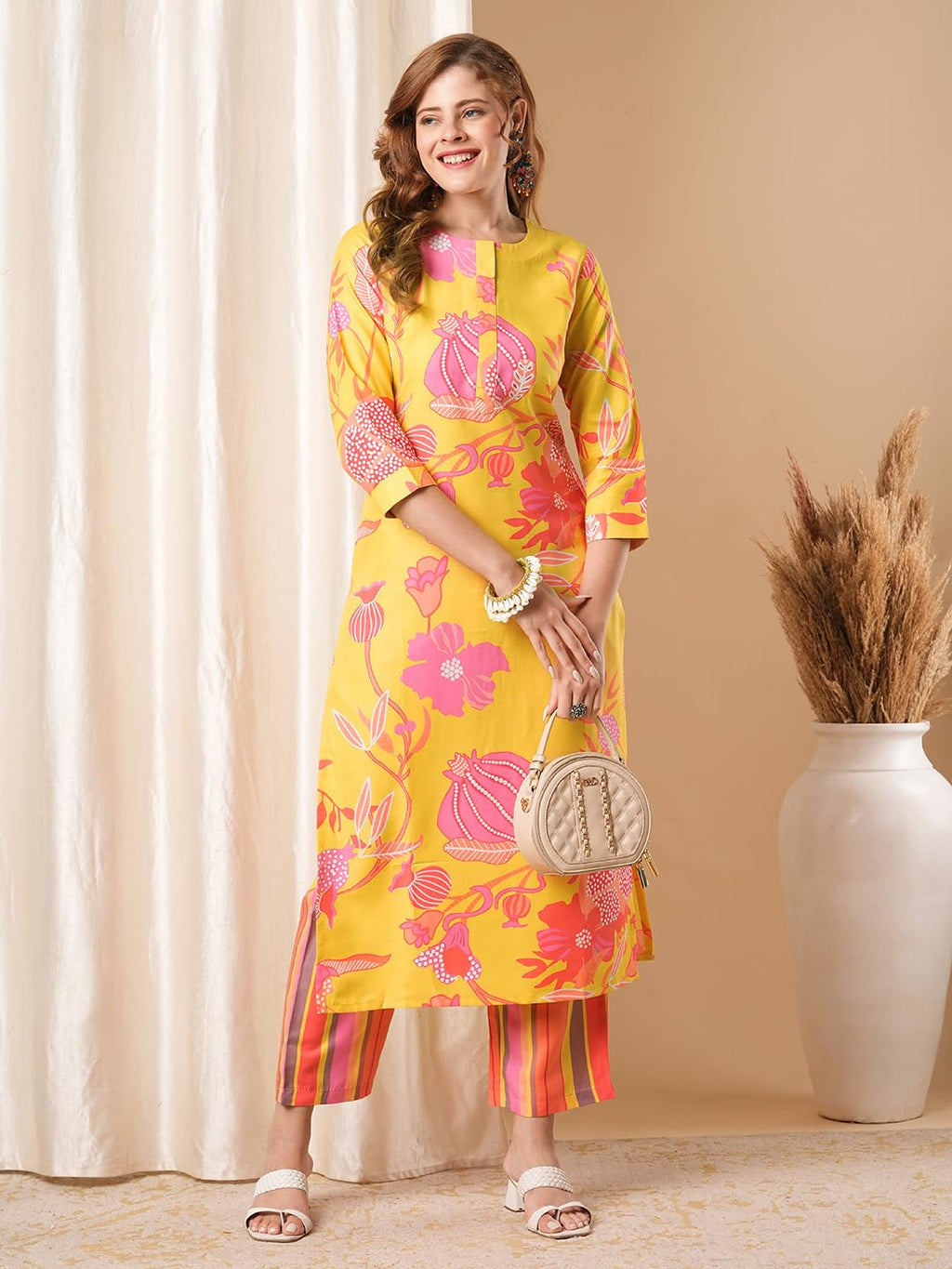 ANNI DESIGNER Women s Rayon Blend Kurta with Pants, Yellow, Medium