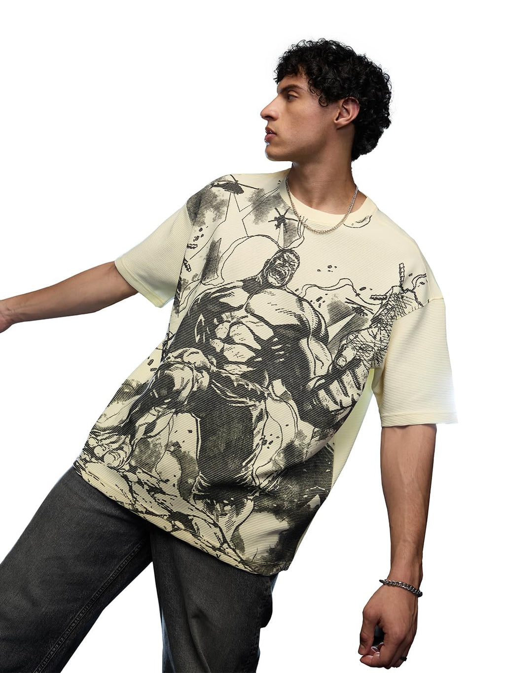 The Souled Store Hulk: Smashin Sketch 6.2 Men and Boys Short Sleeves Round Neck Off White Graphic Printed Cotton Oversized T-Sh