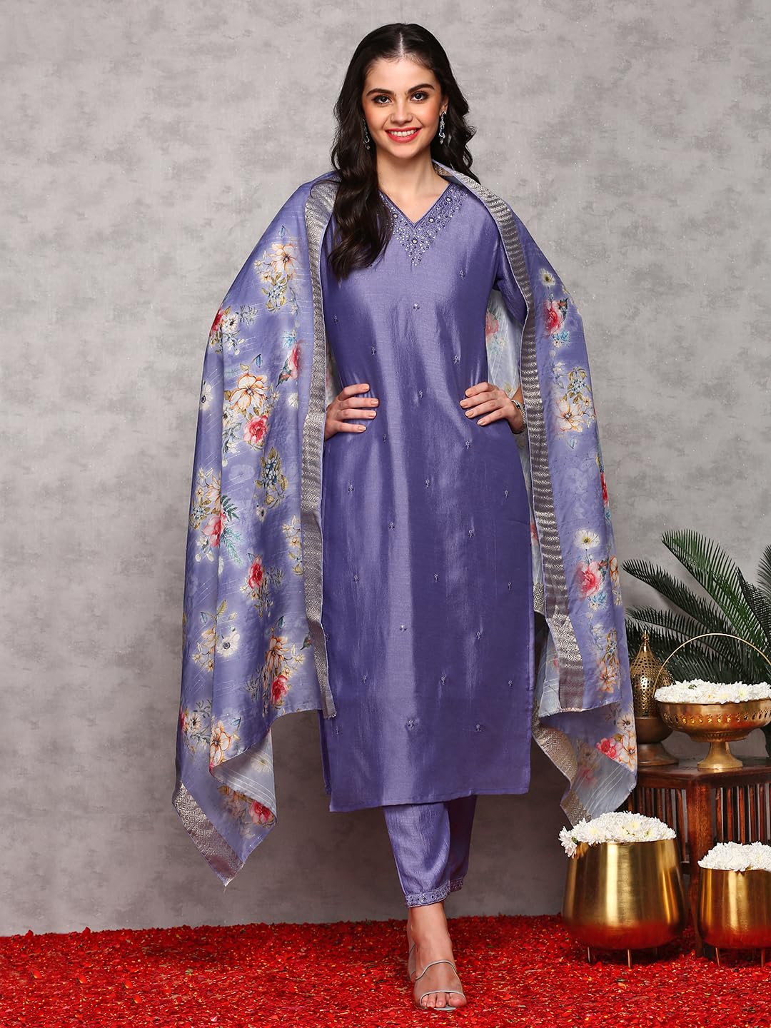 Ishin Floral Embroidered V-Neck Three-Quarter Sleeves Kurta With Trousers & With Dupatta | Kurta Set For Women | Kurta With Trou