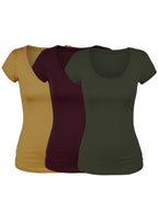 Emmalise Women's Short Sleeve Tshirt Scoop Neck Tee Value Set (3Pk, Olive, Burgundy, Mustard, Small)