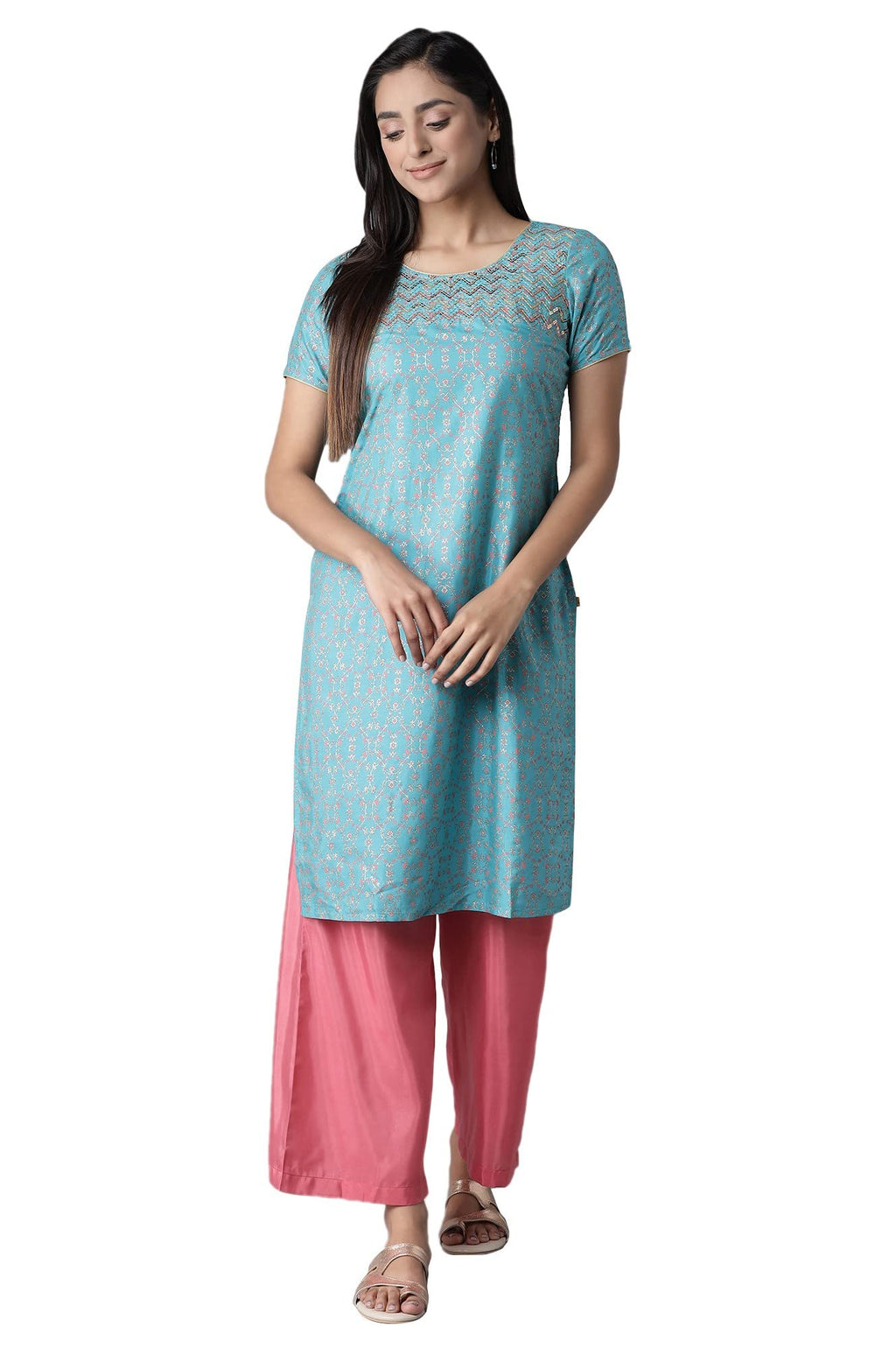 Aurelia Women'S Polyester Kurta-Straight Palazzo (21Onas12904-505022_Blue_L)