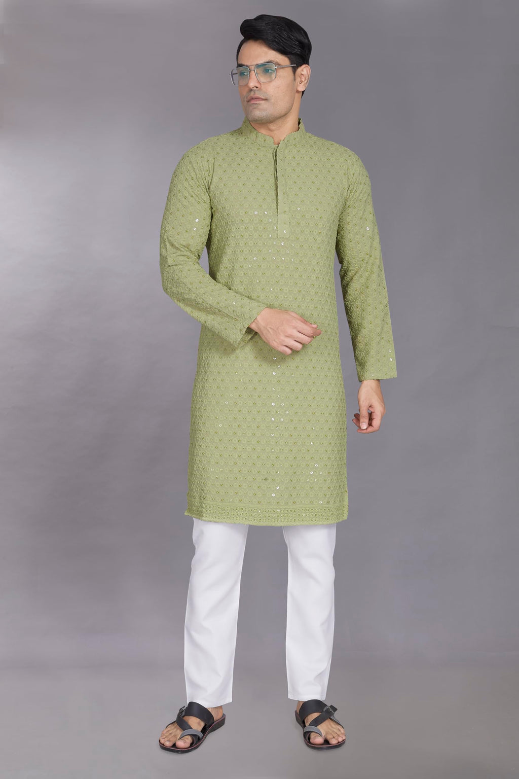 Divisive MenS Sequince Embroidered Cotton Blend Only Slim Fit Kurta (Dkrt882_L_Pista)