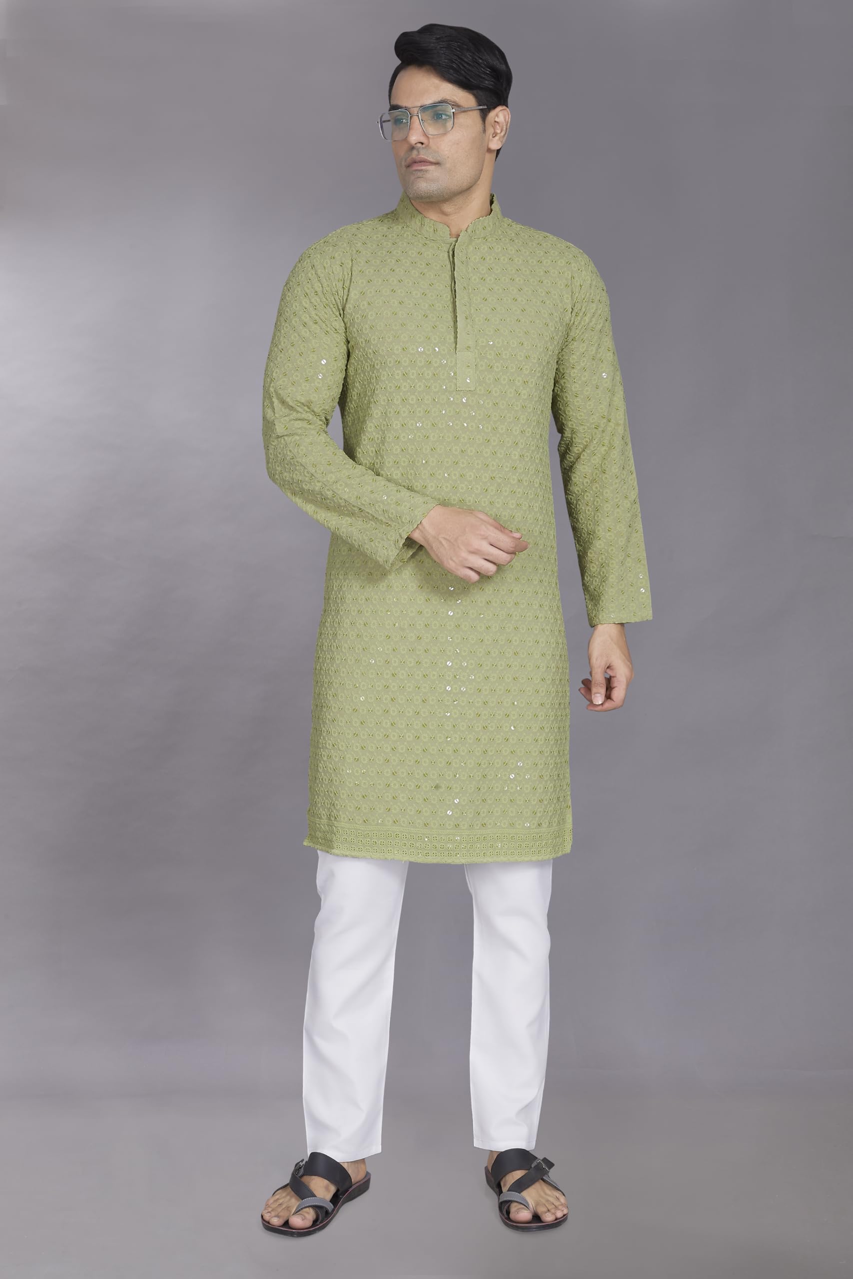 Divisive MenS Sequince Embroidered Cotton Blend Only Slim Fit Kurta (Dkrt882_L_Pista)