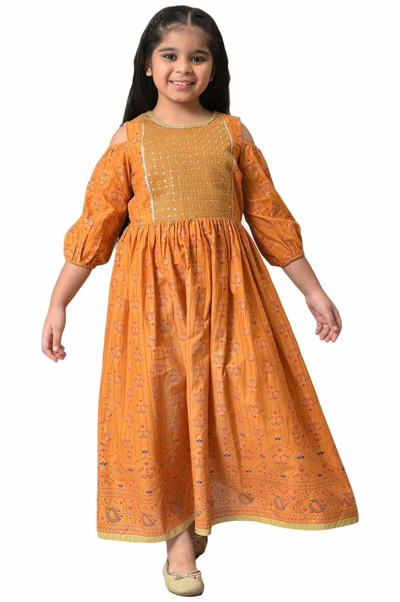 Aurelia Girls Mustard Cotton Floral Printed Flared Dress_22AUG10291B-506266_8-9