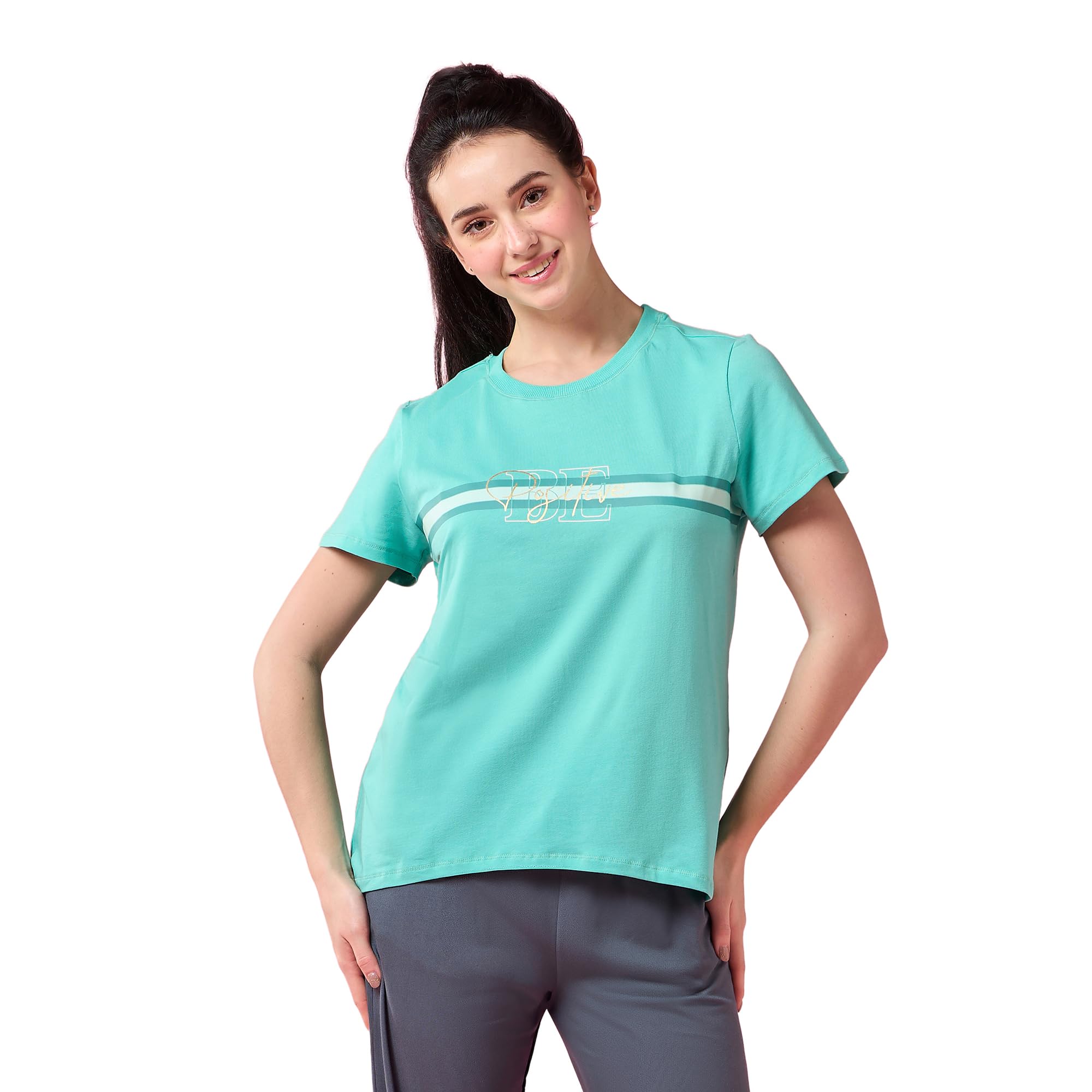 Enamor Womens Striped Relaxed Fit T-Shirt (E3S5_Pool Sea Blue Strips