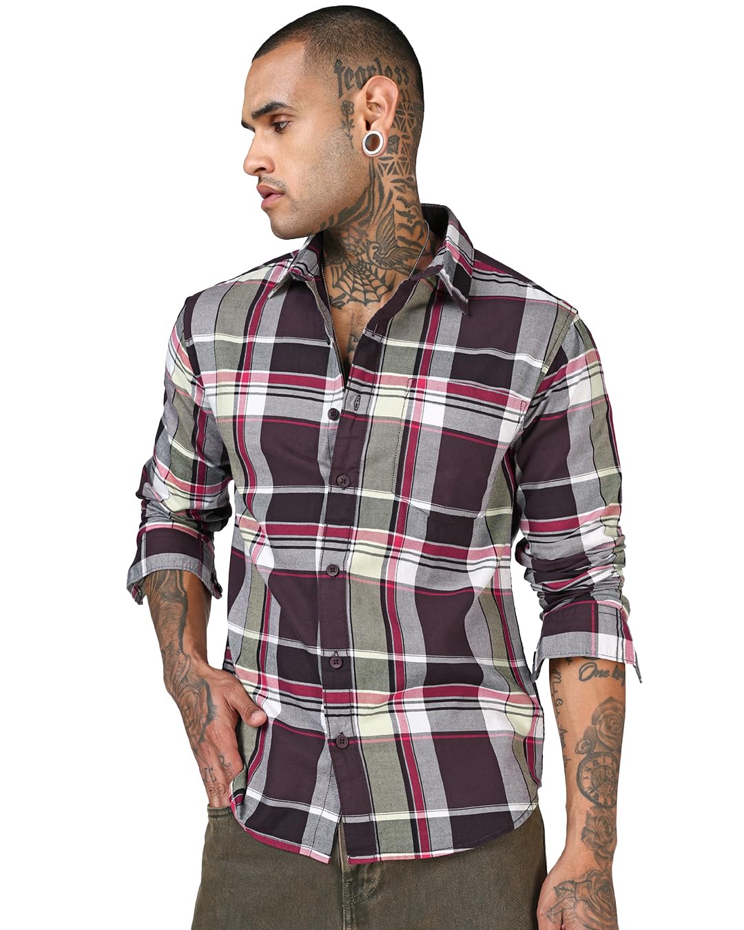 Bewakoof MenS Checked Regular Fit Full Sleeve Collar Cotton Twill Shirt_694516_Maroon_Xl
