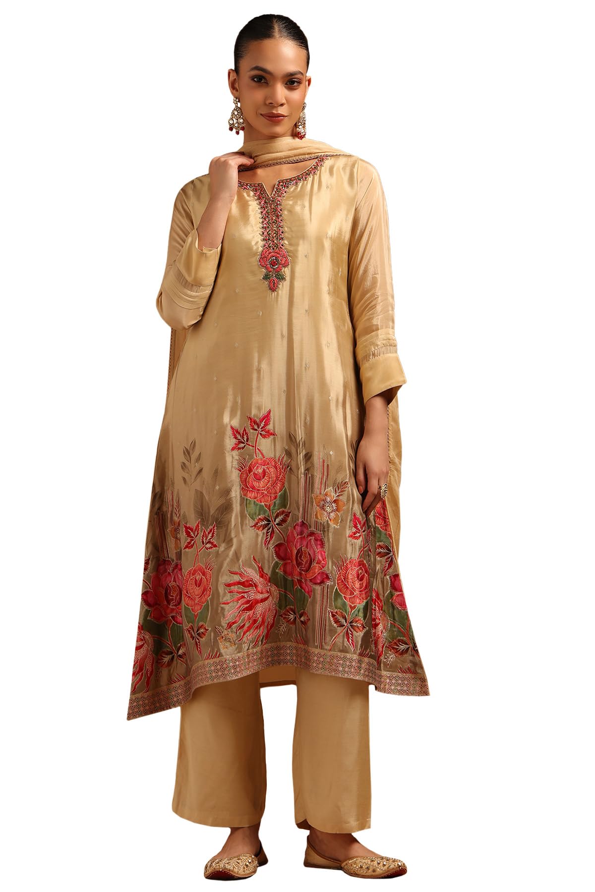 Soch Women Dola Silk Floral Suit Set with Aari Embroidery and Mirror Work