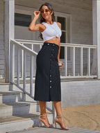 Shasmi Girls & Womens Blue Front Button-Up Slit Longline Single Breasted Long Casual Denim Skirt Suitable for Daily WearSkirt