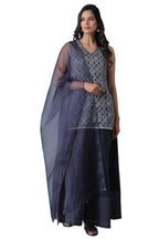 Blue Short Kurta-Crinkled Skirt-Organza Drape Set