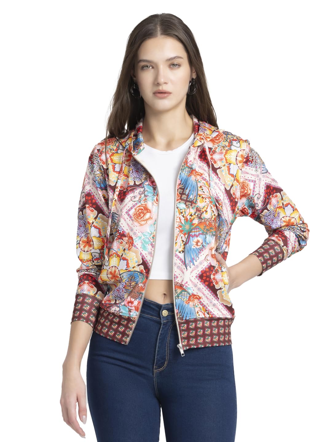SHAYE Hooded Neck Beige Floral Print Long Sleeves Casual Jackets For Women