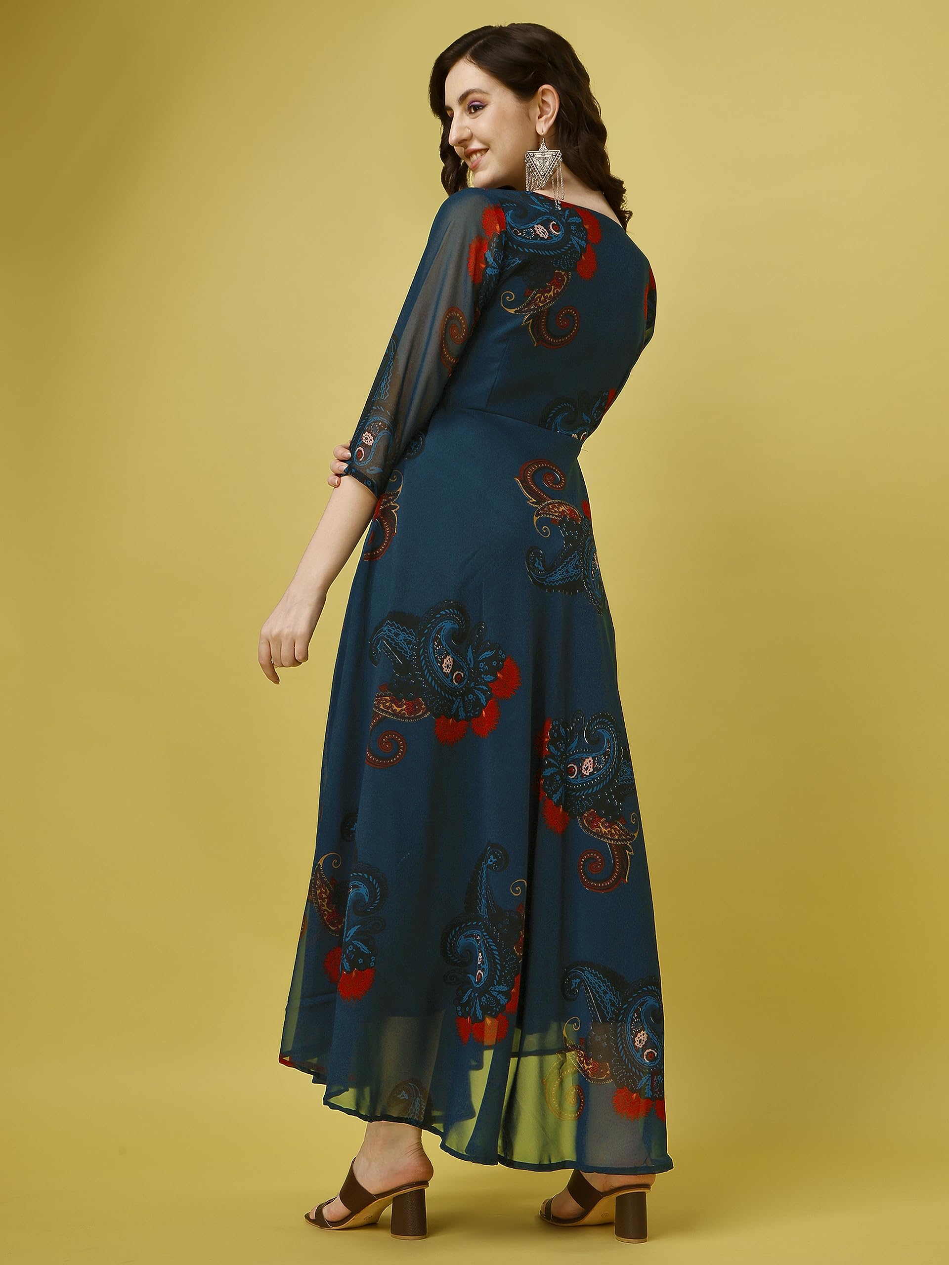 Fashion2Wear WomenS Georgette Casual Floral Digital Print V-Neck 3/4 Sleeve Knee-Length Fit & Flare Long Maxi Gown Dress For Gi