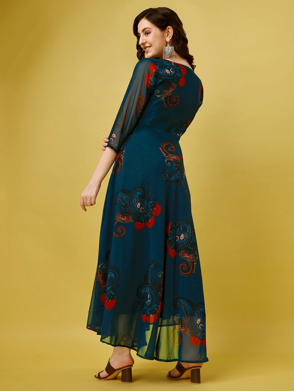 Trillmixa WomenS Georgette Midi Dress With Paisly Printed Pattern Long Sleeves Knee Length V Neck A Line Style And Regular Fit