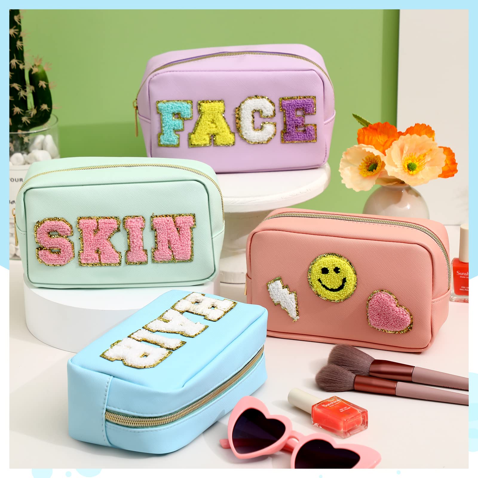 Sanwuta 4 Pcs Hair Face Skin Travel Bag Set Preppy Makeup Pouch PU Leather Skincare Bag Waterproof Cosmetic Organizer Birthday