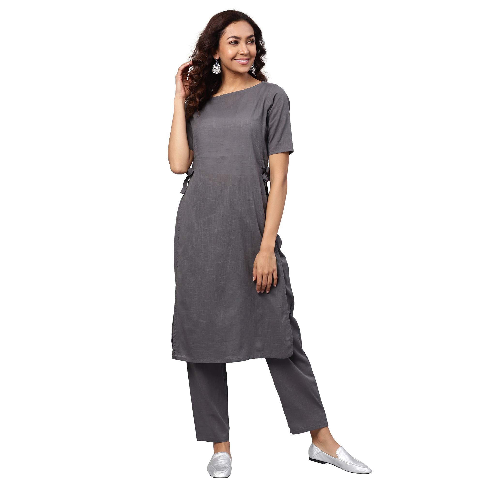 Idalia Rayon Solid Straight Kurta Set For Women 3/4 Sleeve, Round V Neck Designer Kurta With Pant