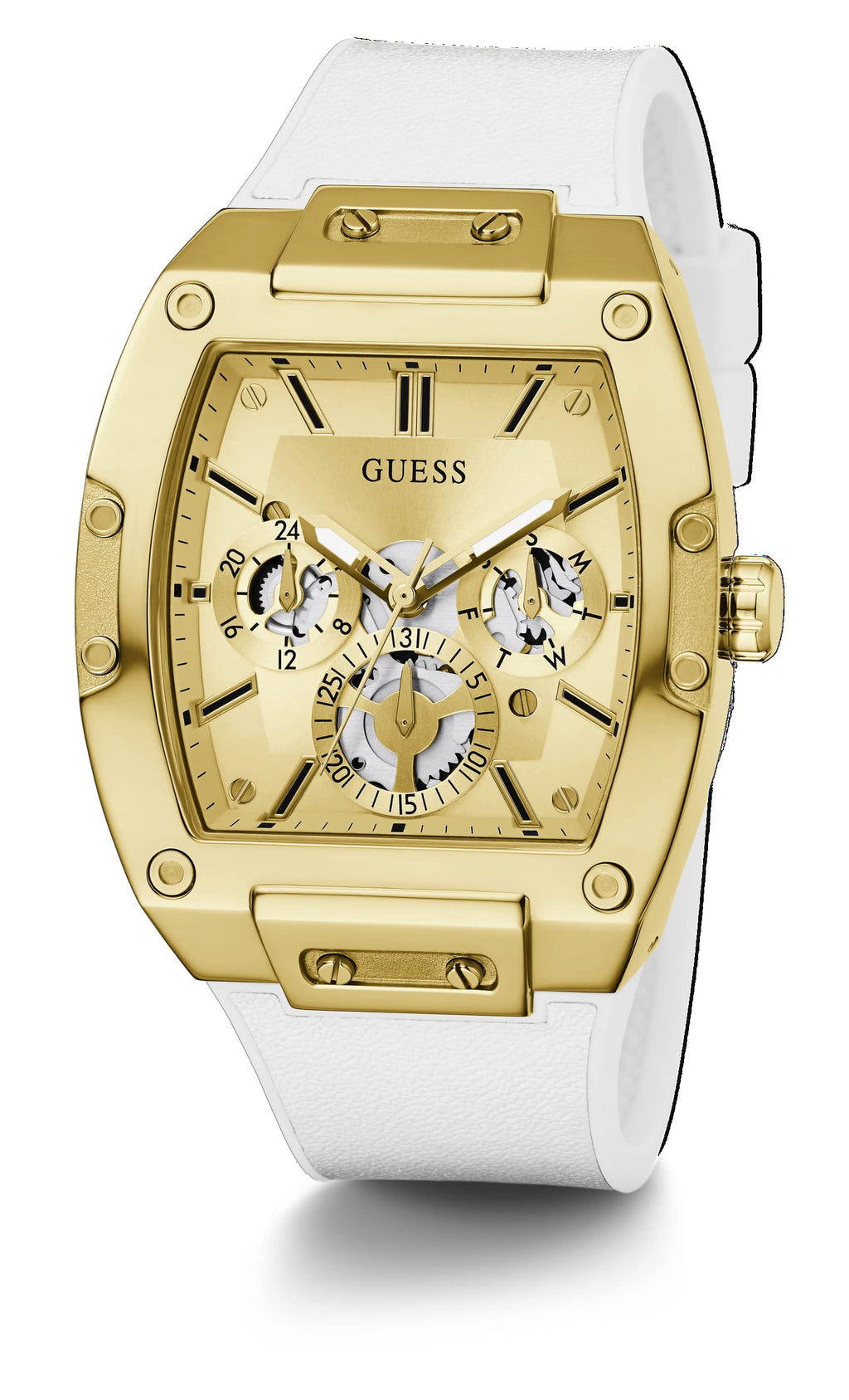 GUESS Men's Trend Multifunction Tonneau 43mm Watch - Gold-Tone Dial & Stainless Steel Case with White Silicone Strap