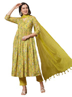 ANNI DESIGNER Women s Regular Floral Rayon Kurta with Pants and Dupatta, Green, 36