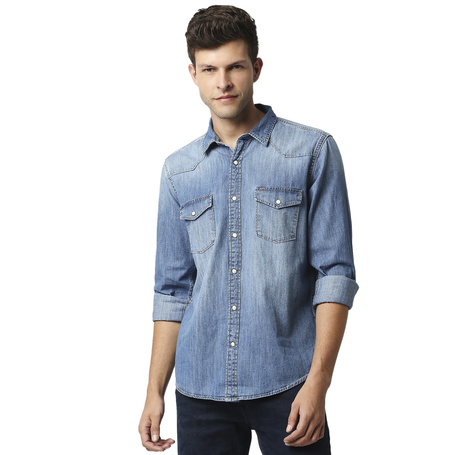 Pepe Jeans Cotton MenS Regular Fit Solid Shirts, Blue, Small