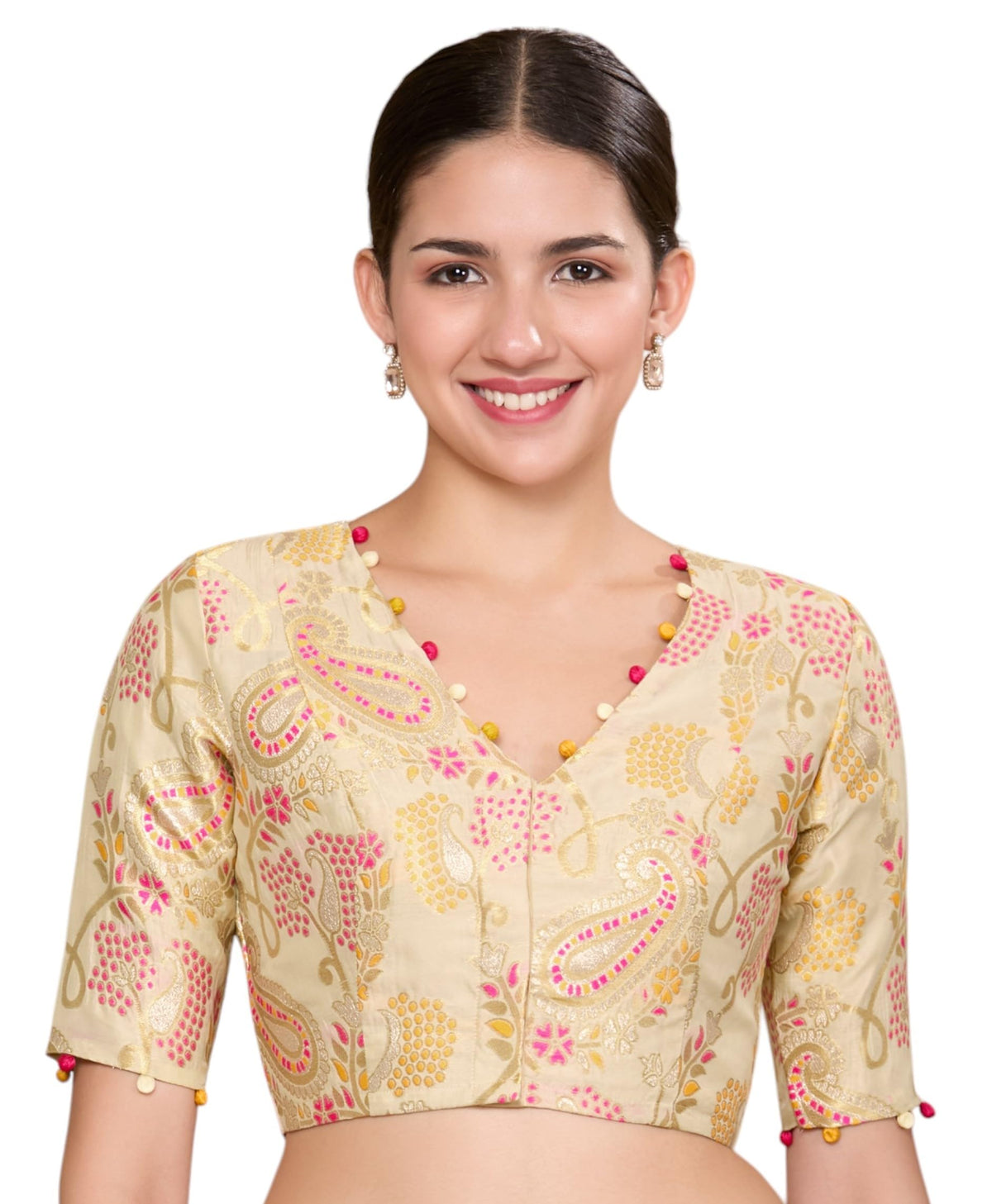 Studio Shringaar WomenS Golden Silky Brocade VNeck Readymade Saree Blouse (Gold, 40) 40