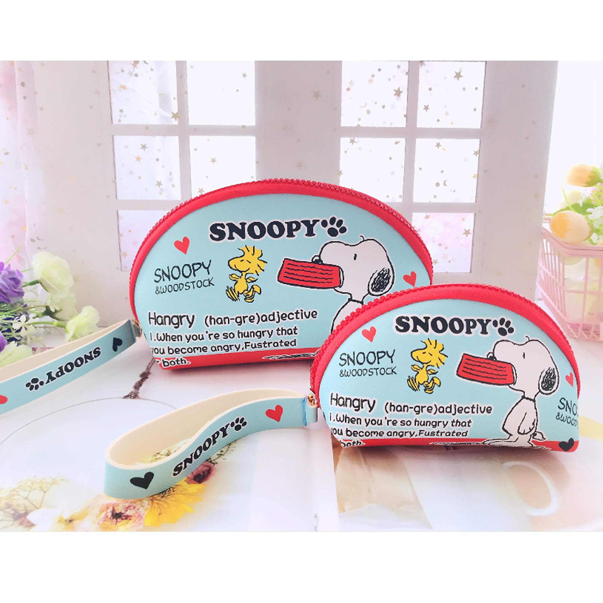 FINEX 2 pcs Set Snoopy and Woodstock PU Leather ONE Cosmetic Bag Make up Organizer + ONE Coin Purse with Straps
