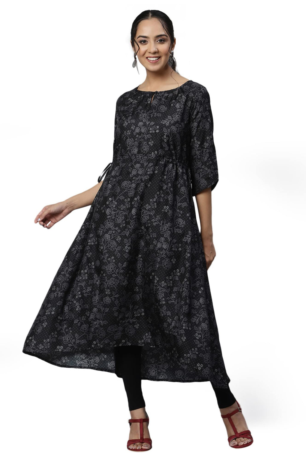 Aurelia Women Black Beauty Kuchai Silk Floral Printed Straight Kurta_22Aua13373-504113_Xxl